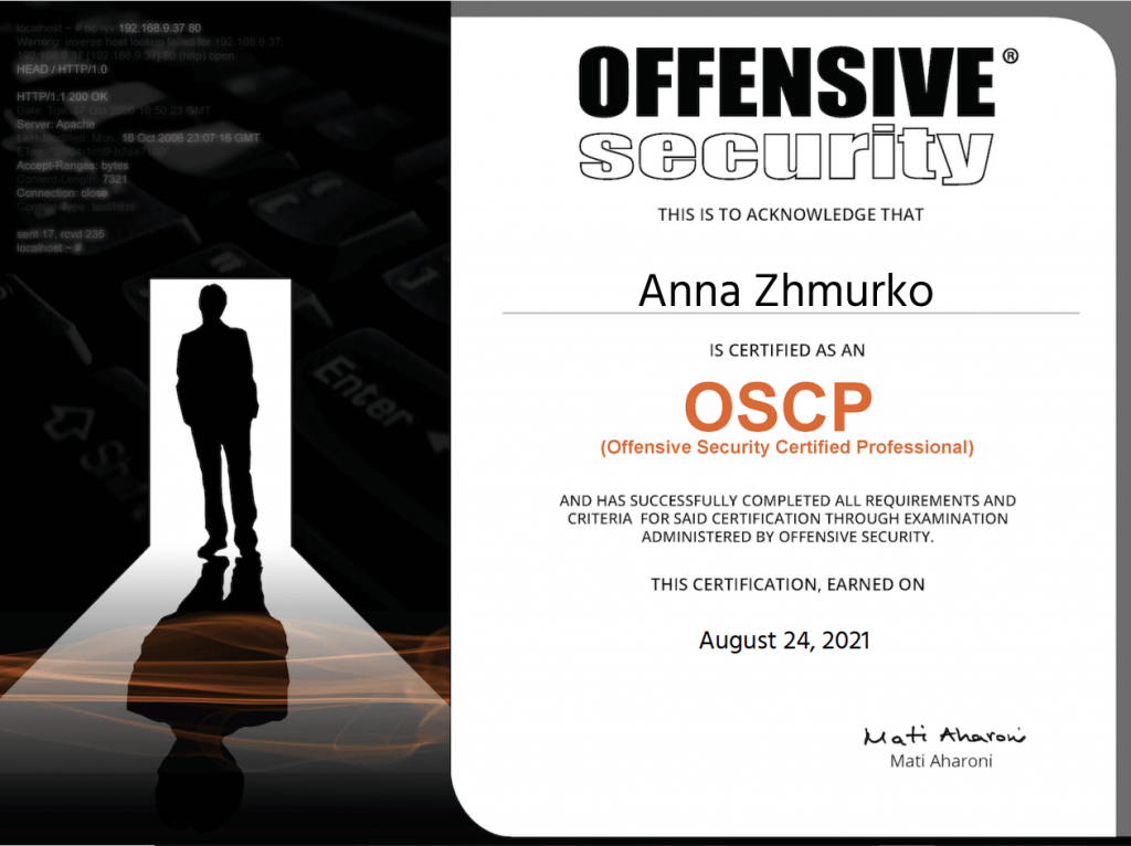 Anna Zhmurko is OSCP-certified