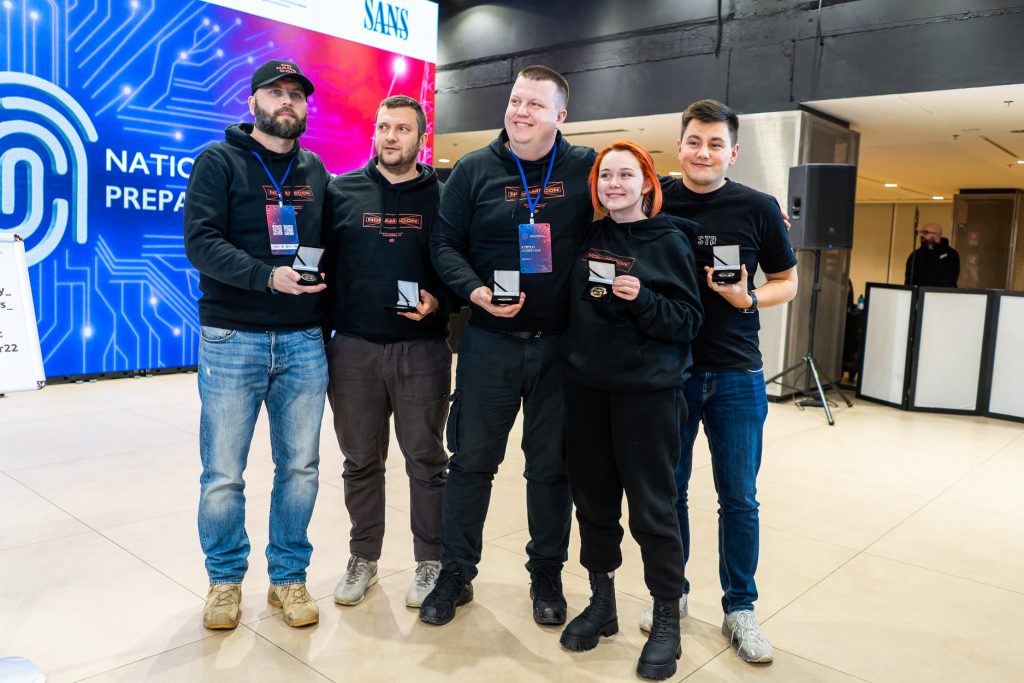 BSG team at SANS Grid NetWars tournament in Ukraine: Vlad Styran, Ihor Bliumental, Kyrylo Hobreniak (captain), Anna Zhmurko, and Serhii Korolenko.